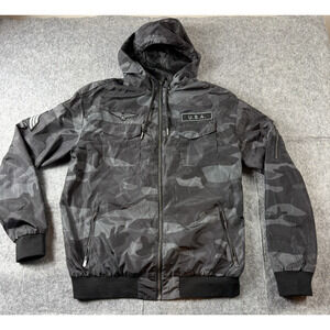 CSG large grey camouflage military style full zip hooded jacket Size Large